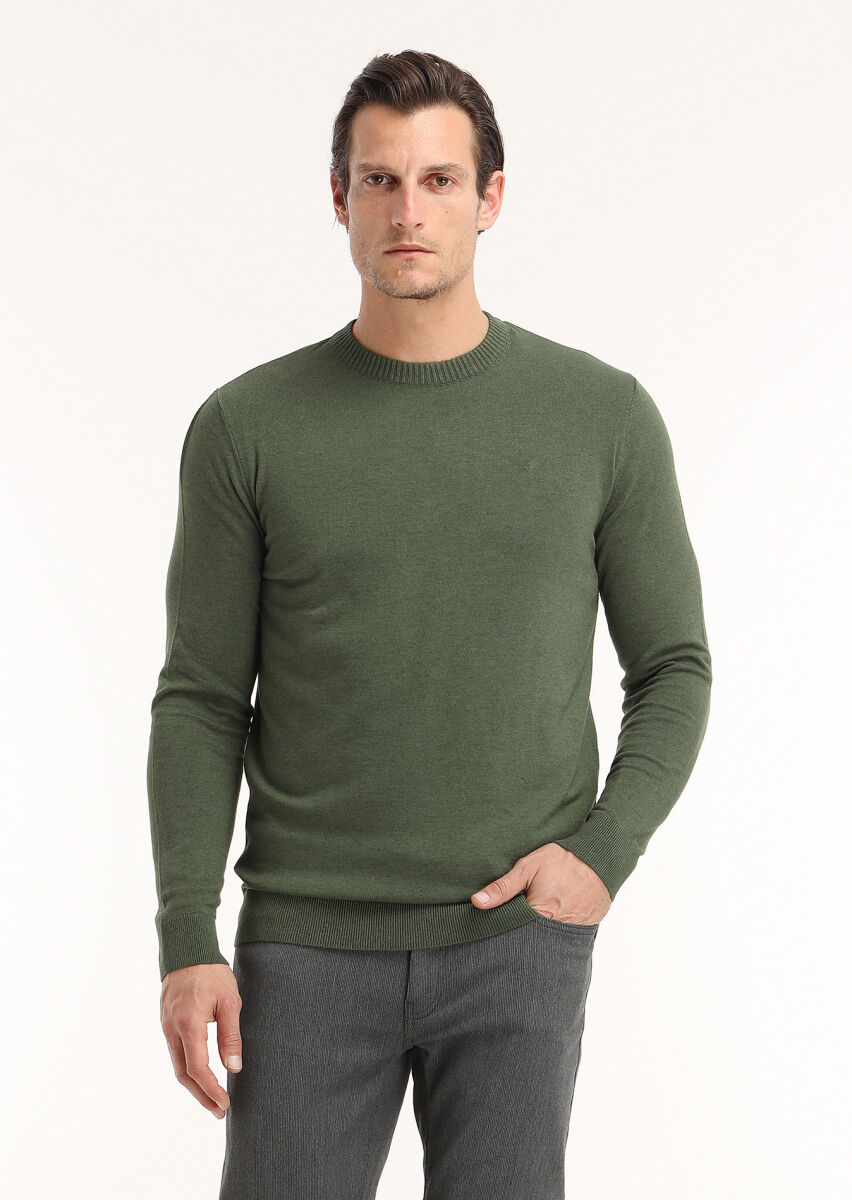 Haki Bisiklet Yaka Düz Örgü Yün Karışımlı Triko Kazak - 2