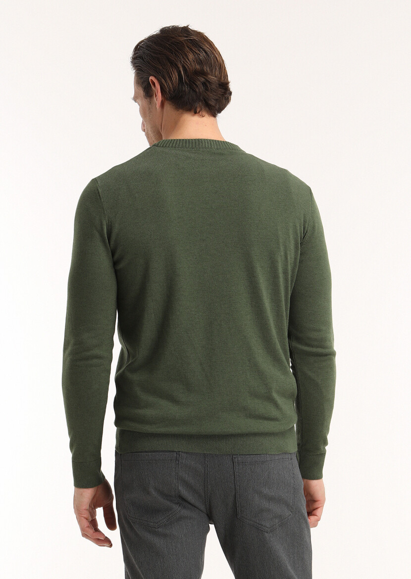 Haki Bisiklet Yaka Düz Örgü Yün Karışımlı Triko Kazak - 3