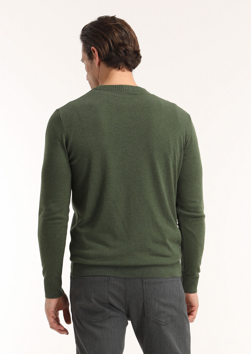 Haki Bisiklet Yaka Düz Örgü Yün Karışımlı Triko Kazak - 3