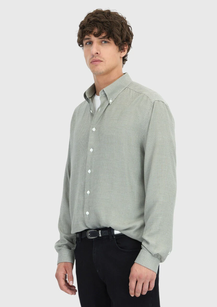 Haki Casual Fit Dokuma Casual Pamuk Karışımlı Gömlek - 3