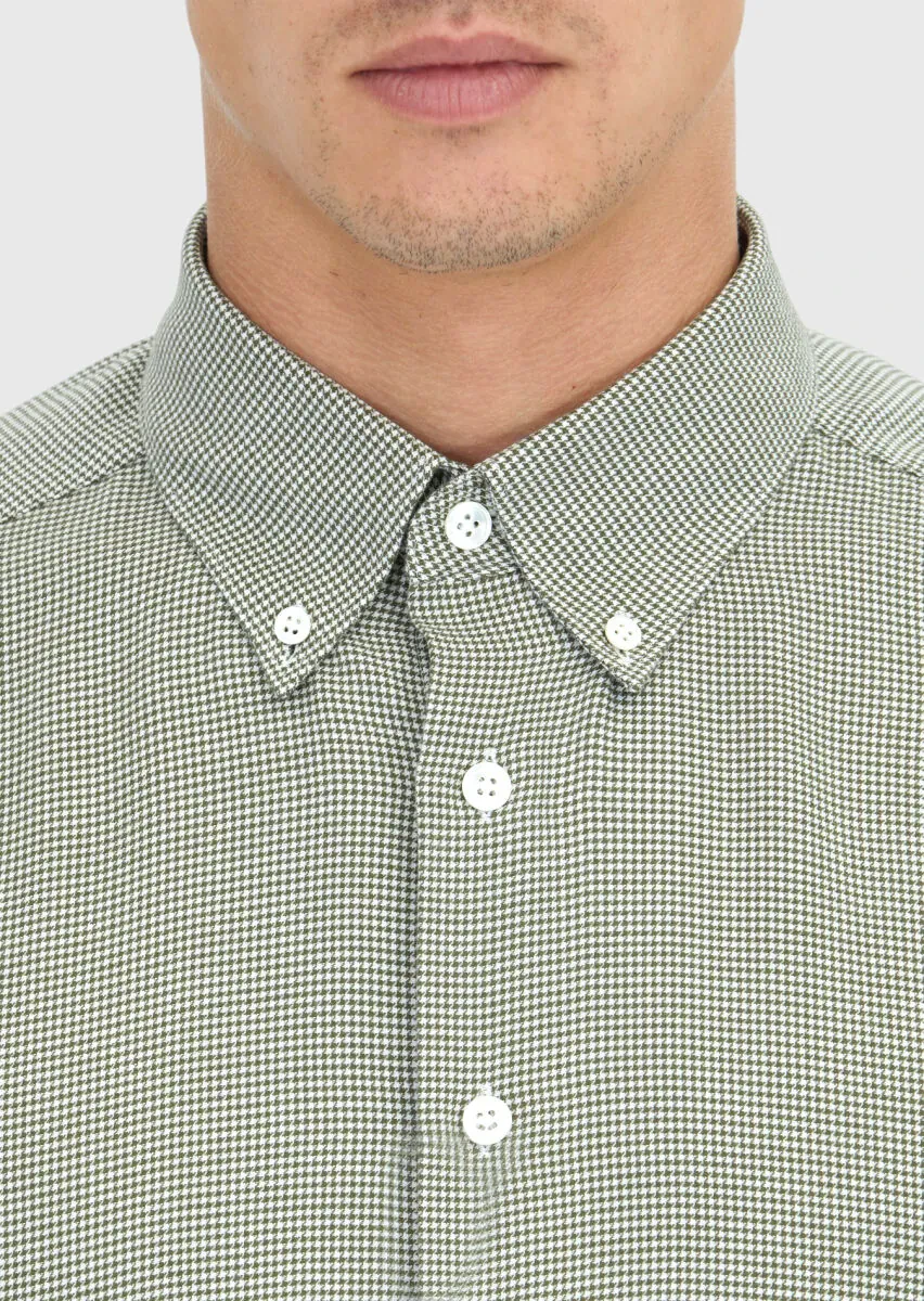 Haki Casual Fit Dokuma Casual Pamuk Karışımlı Gömlek - 5