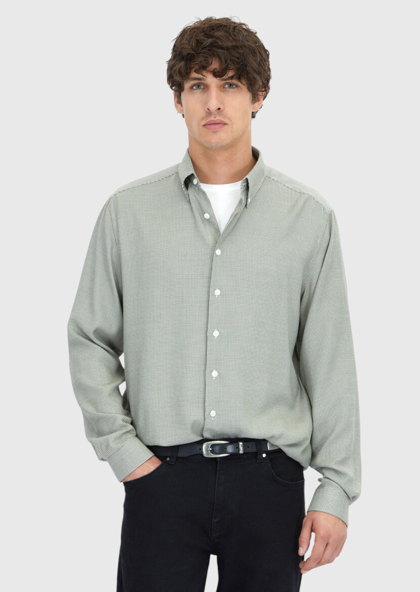 Haki Casual Fit Uzun Dokuma Casual Pamuk Karışımlı Gömlek - 1