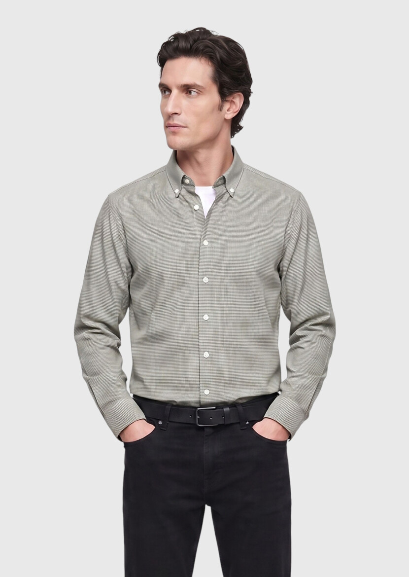 Haki Casual Fit Uzun Dokuma Casual Pamuk Karışımlı Gömlek 