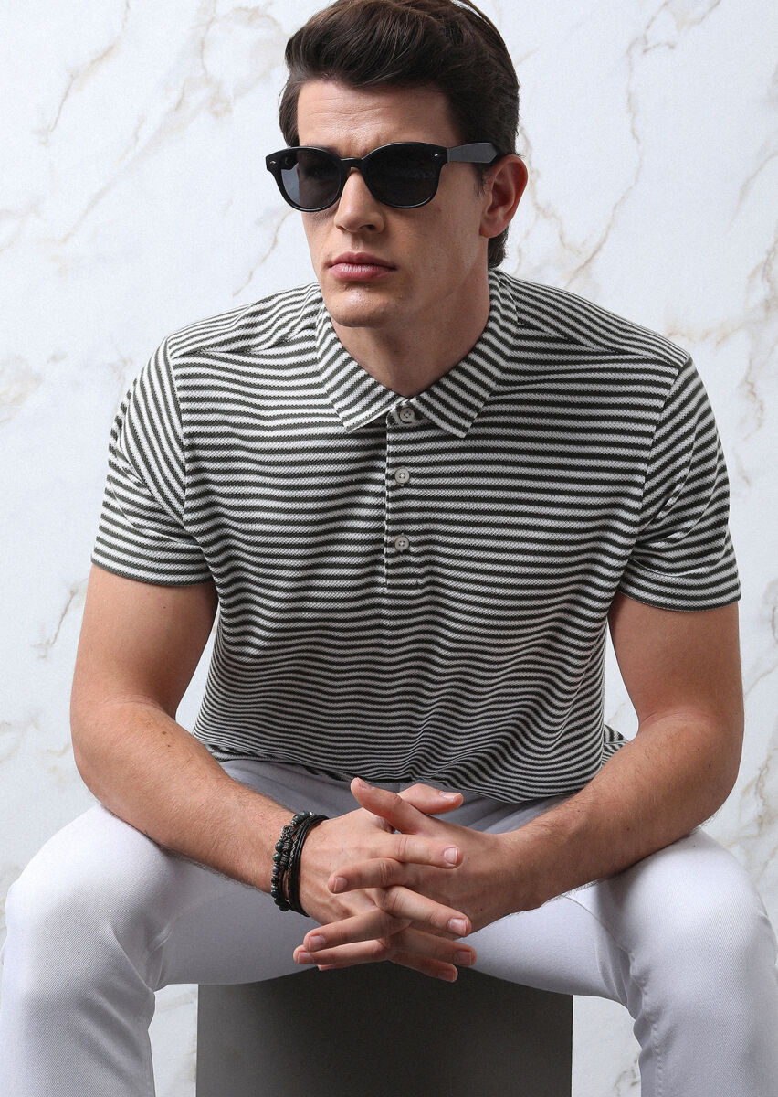 Haki Çizgili Polo Yaka %100 Pamuk T-Shirt - 3