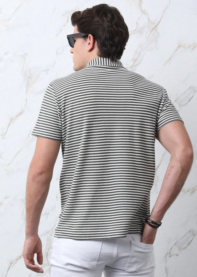 Haki Çizgili Polo Yaka %100 Pamuk T-Shirt - 6