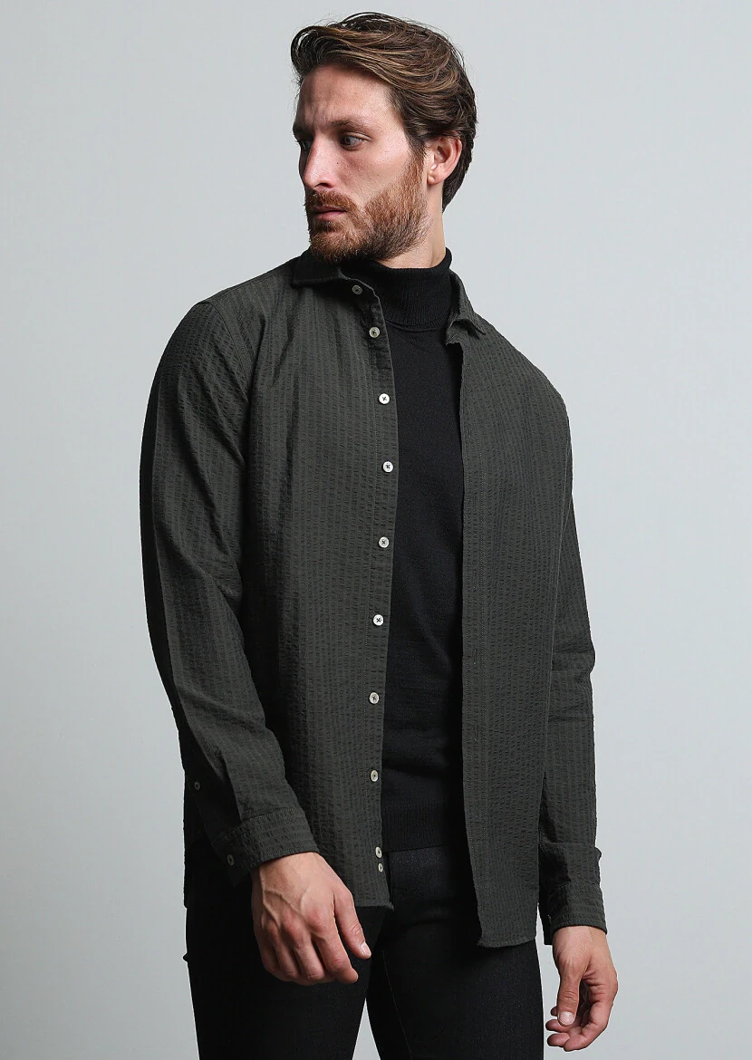 Haki Çizgili Regular Fit Dokuma Casual %100 Pamuk Gömlek 