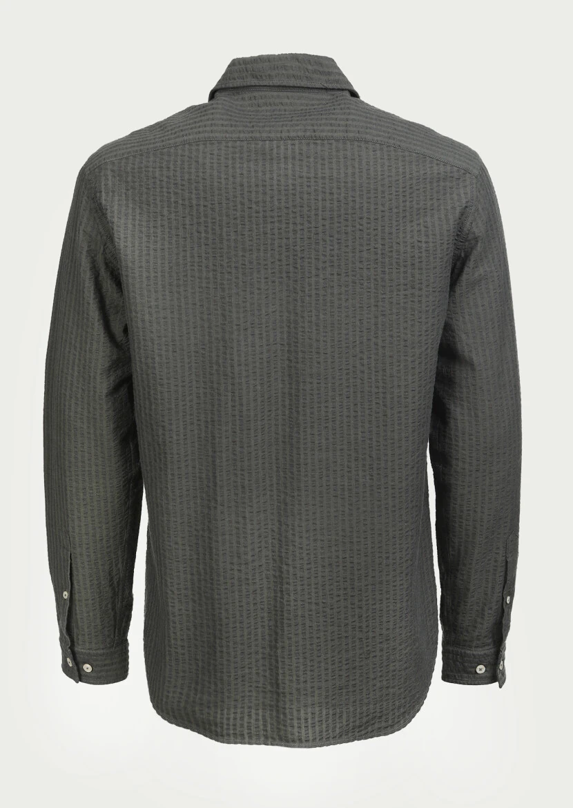 Haki Çizgili Regular Fit Dokuma Casual %100 Pamuk Gömlek - 7