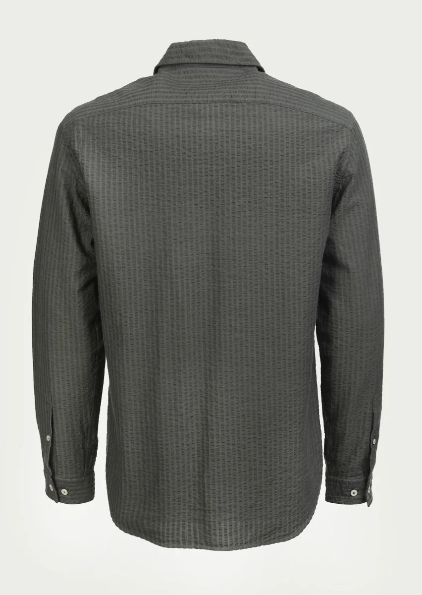 Haki Çizgili Regular Fit Dokuma Casual %100 Pamuk Gömlek - 7