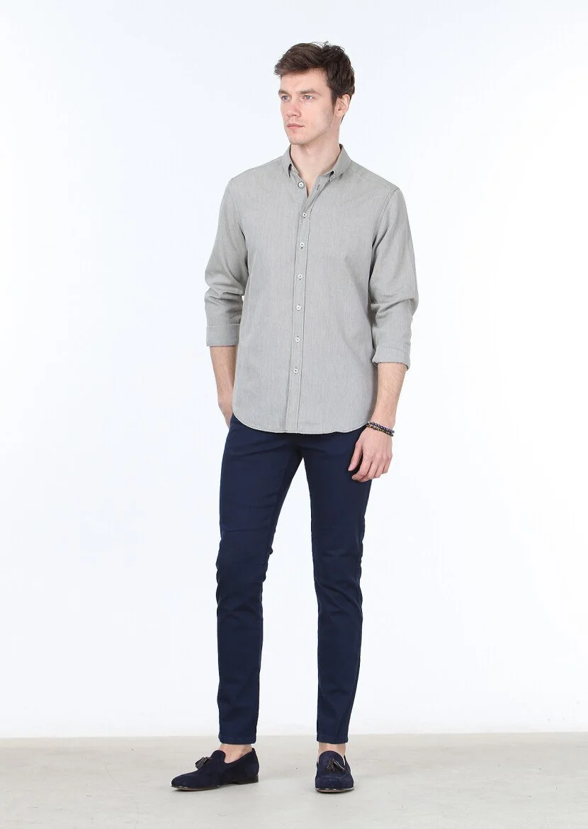 Haki Çizgili Regular Fit Dokuma Casual Pamuk Karışımlı Gömlek 