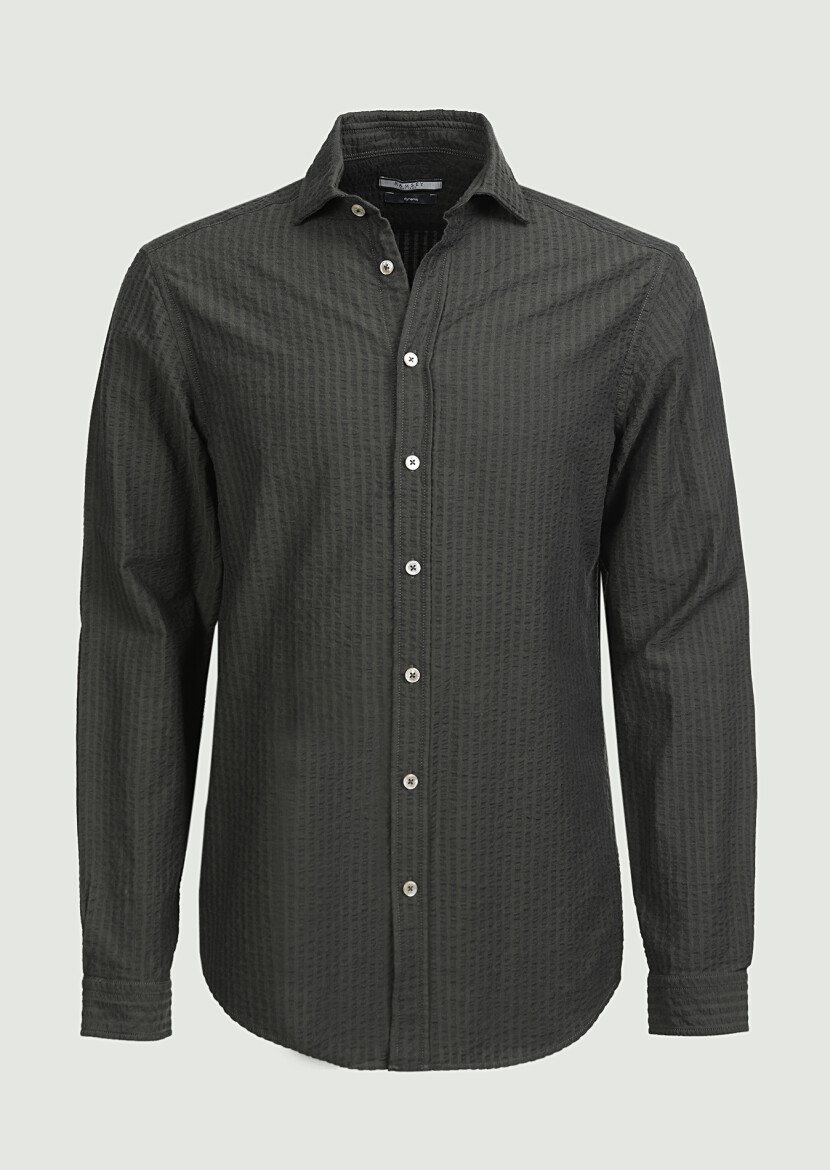 Haki Çizgili Regular Fit Uzun Dokuma Casual %100 Pamuk Gömlek - 6