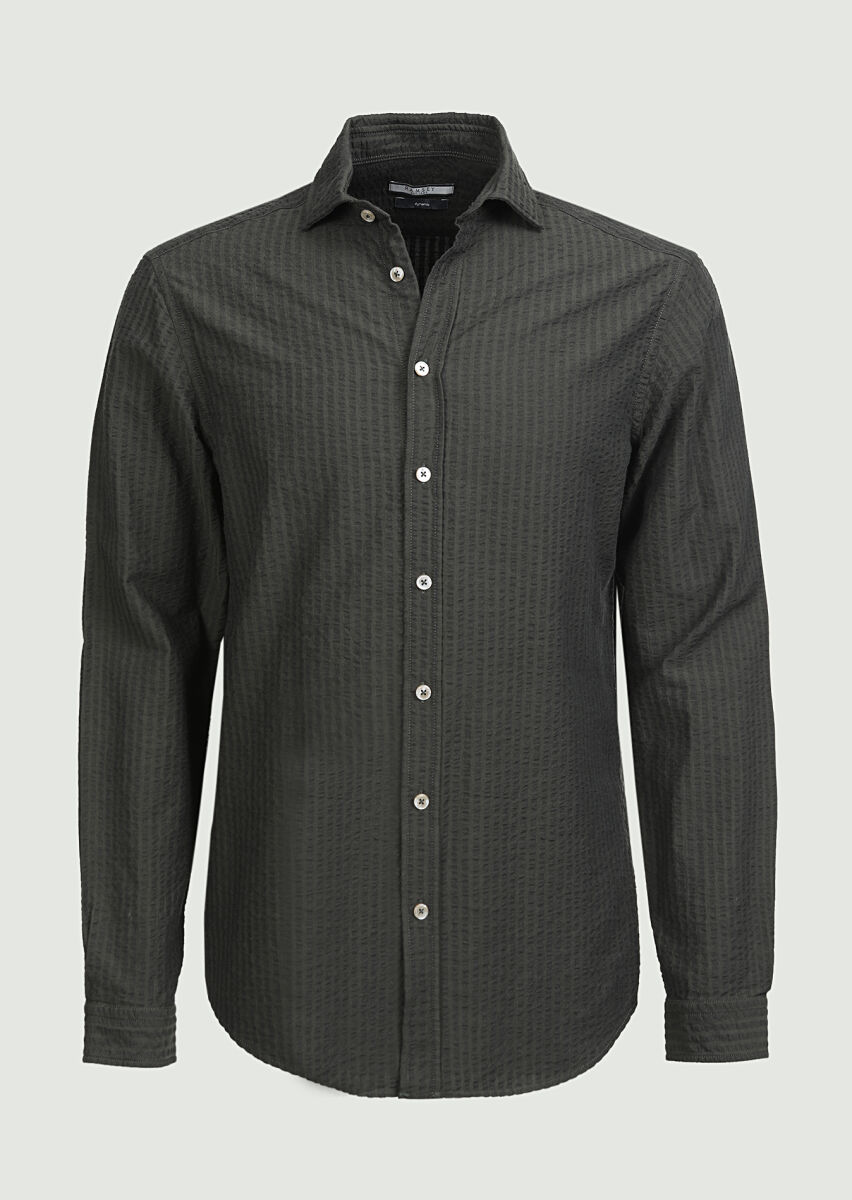 Haki Çizgili Regular Fit Uzun Dokuma Casual %100 Pamuk Gömlek - 6