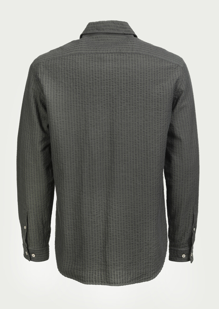 Haki Çizgili Regular Fit Uzun Dokuma Casual %100 Pamuk Gömlek - 7