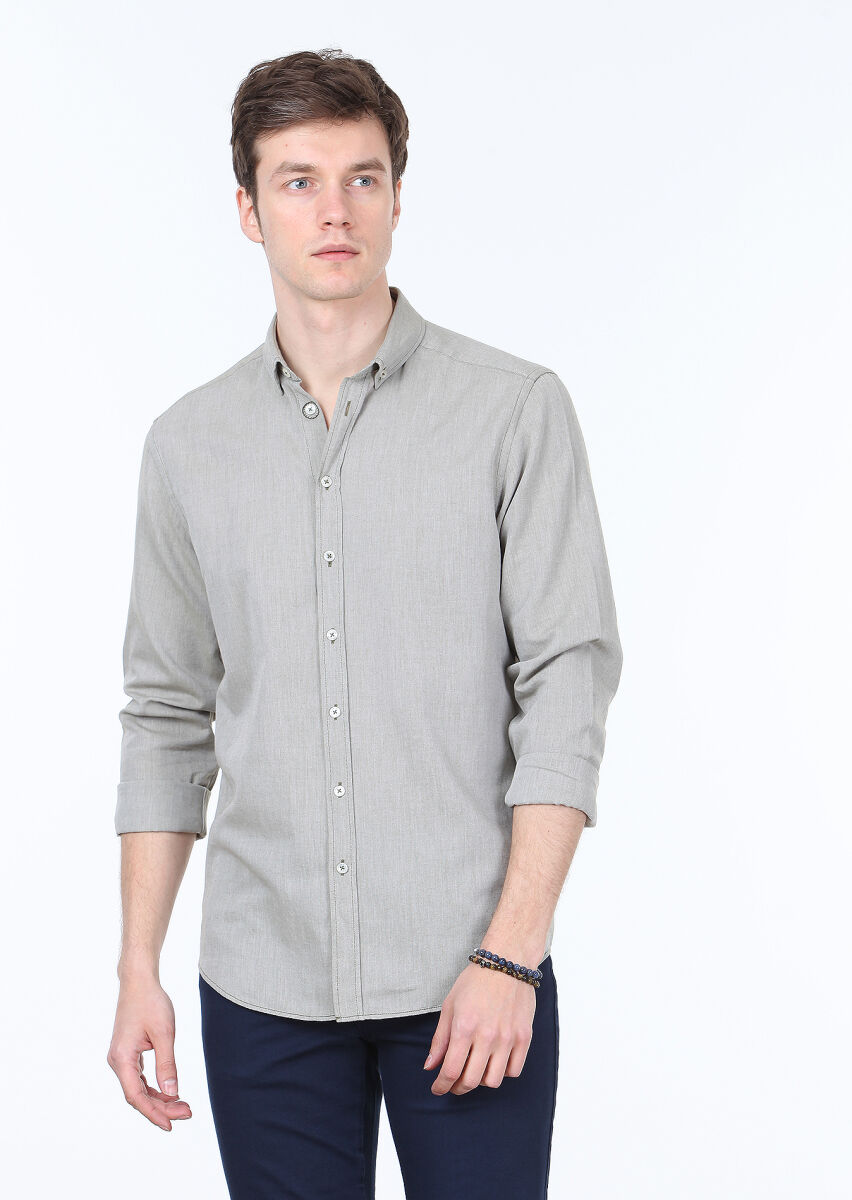 Haki Çizgili Regular Fit Uzun Dokuma Casual Pamuk Karışımlı Gömlek - 1