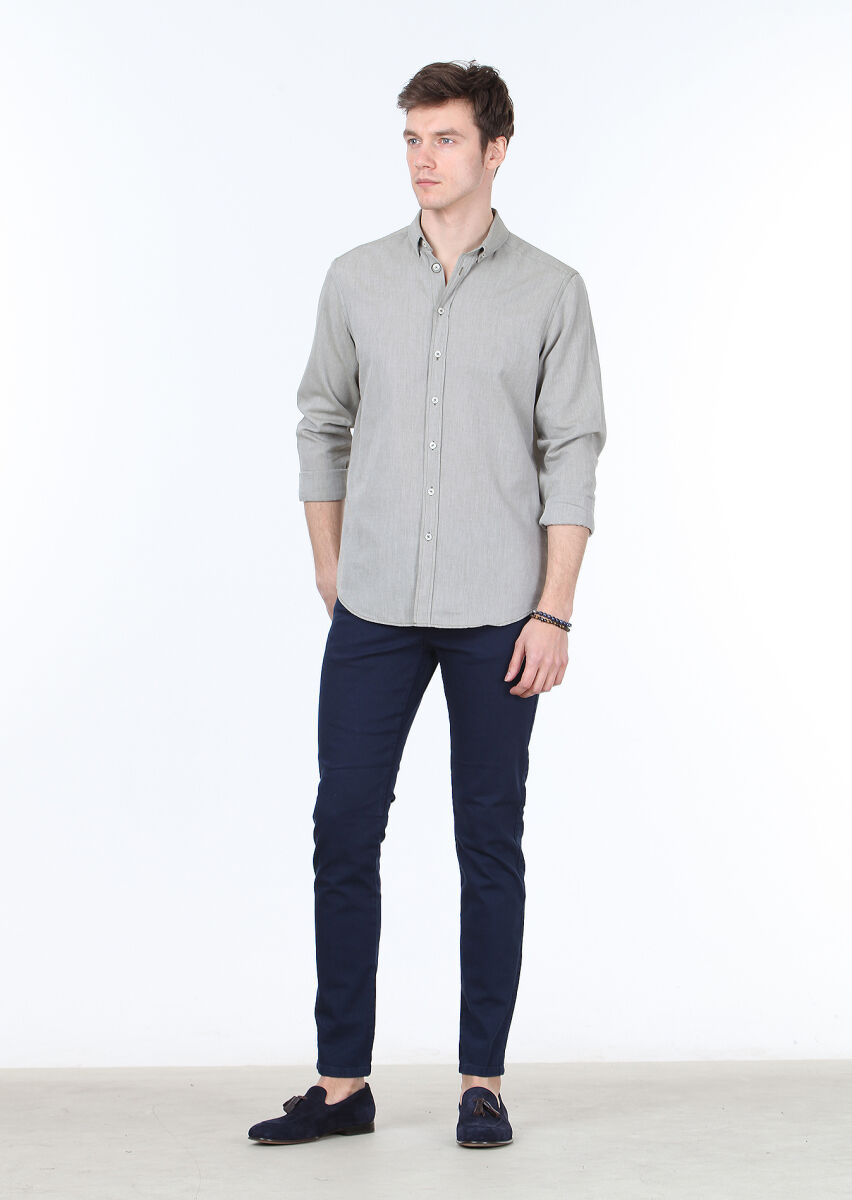 Haki Çizgili Regular Fit Uzun Dokuma Casual Pamuk Karışımlı Gömlek - 2