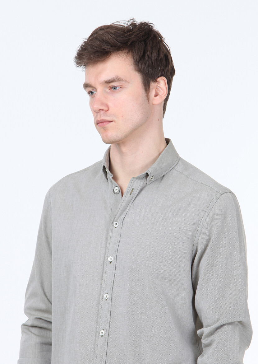 Haki Çizgili Regular Fit Uzun Dokuma Casual Pamuk Karışımlı Gömlek - 3