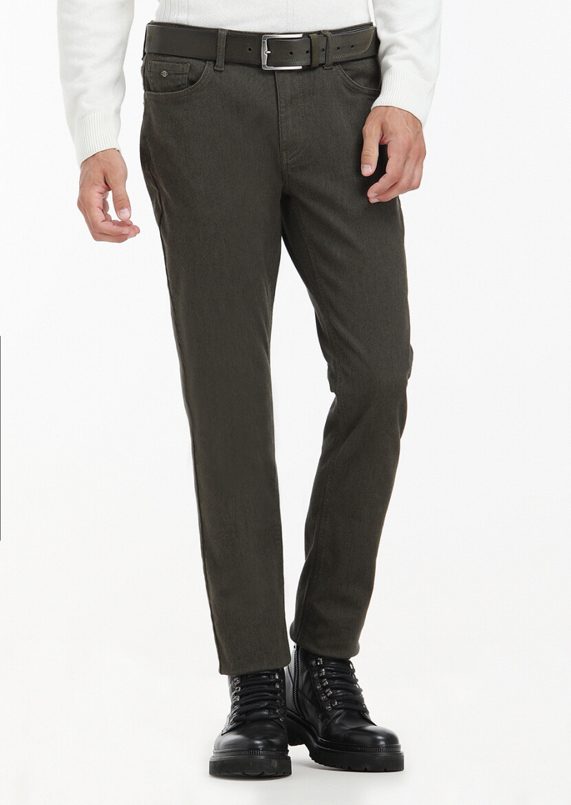 Haki Desenli Dokuma Slim Fit Casual Pamuk Karışımlı Pantolon 