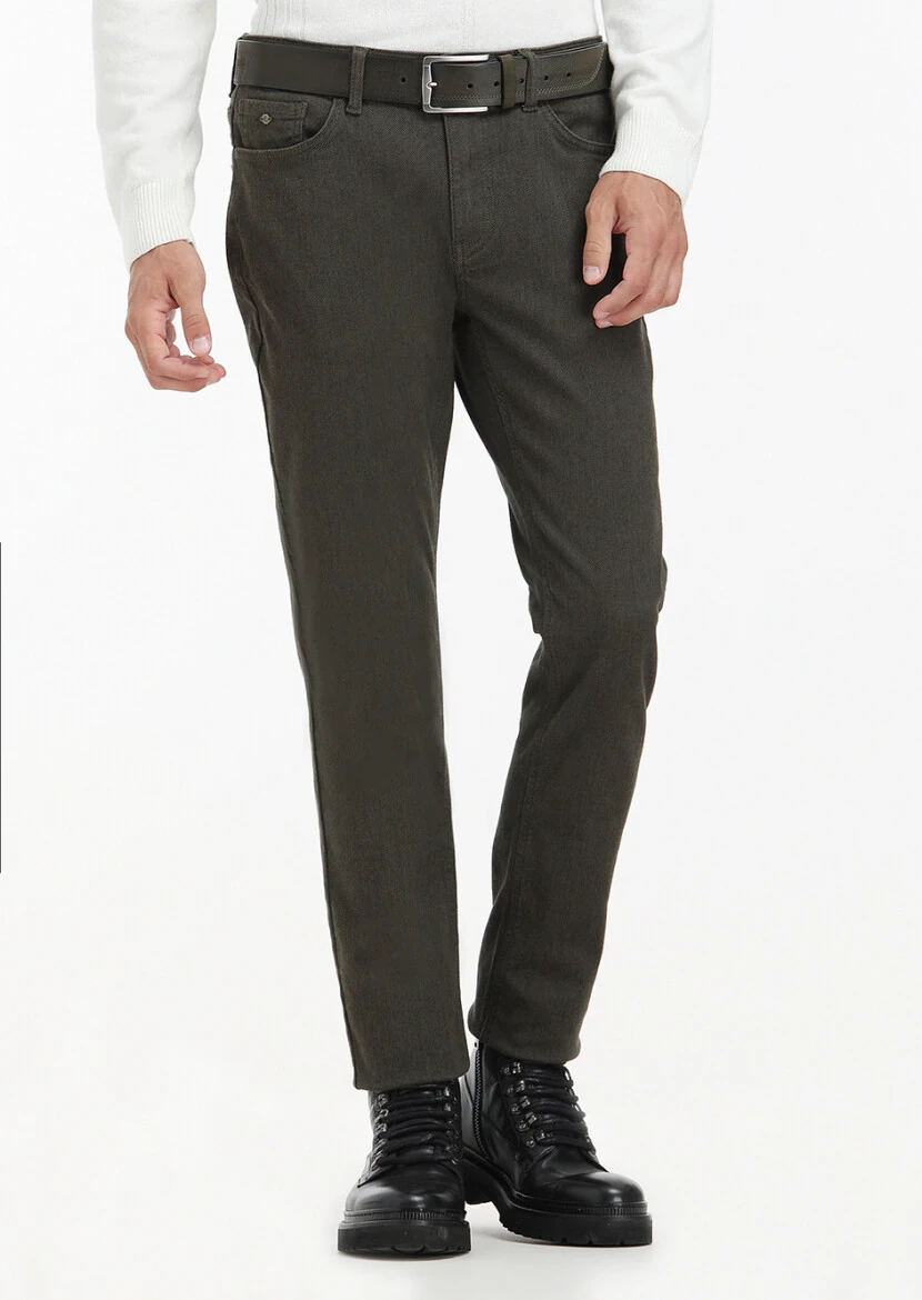 Haki Desenli Dokuma Slim Fit Casual Pamuk Karışımlı Pantolon - 2