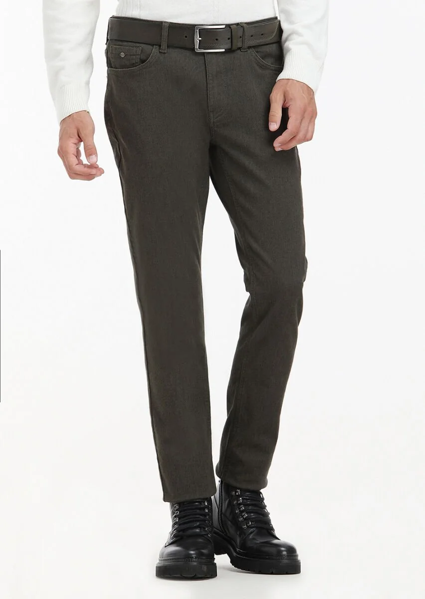 Haki Desenli Dokuma Slim Fit Casual Pamuk Karışımlı Pantolon - 2