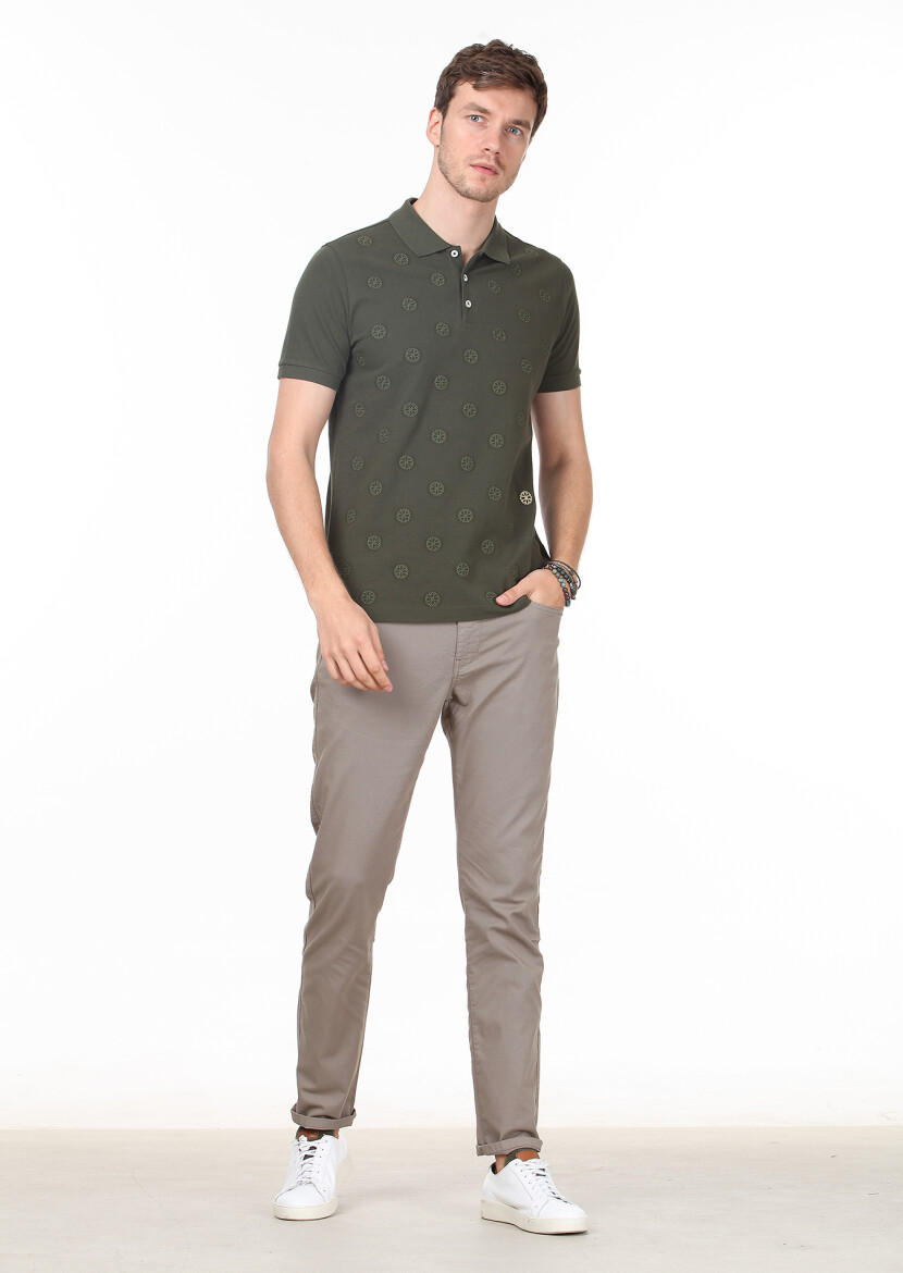 Haki Desenli Polo Yaka %100 Pamuk T-Shirt - 3