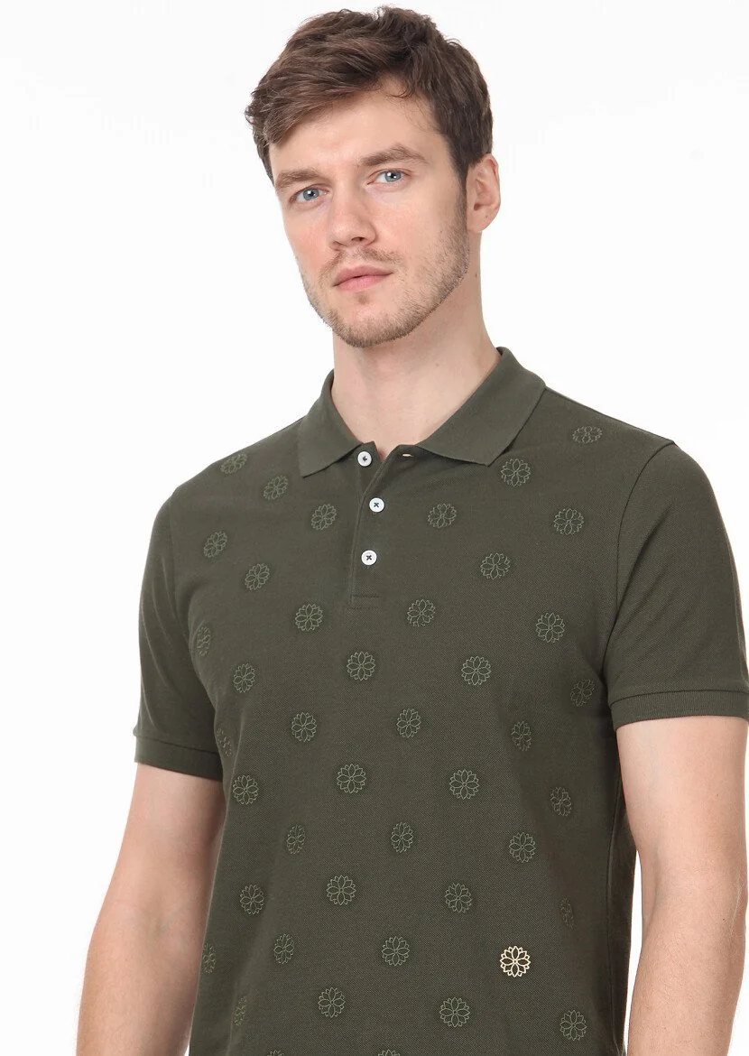 Haki Desenli Polo Yaka %100 Pamuk T-Shirt 