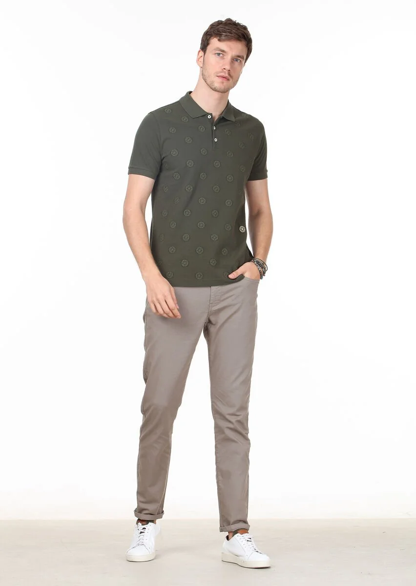 Haki Desenli Polo Yaka %100 Pamuk T-Shirt - 3