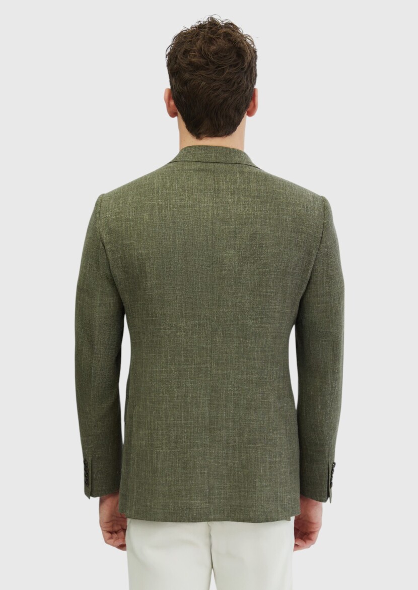 Haki Desenli Regular Fit İpek Karışımlı Ceket - 7