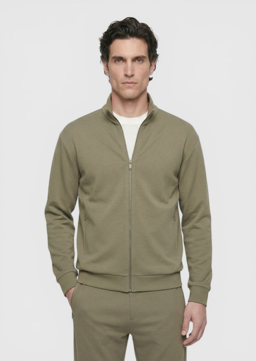 Haki Dik Yaka Düz Sweatshırt - 1