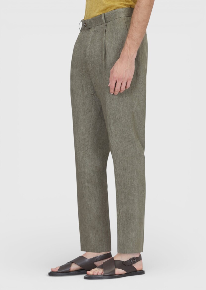 Haki Dokuma Regular Fit Casual %100 Keten Pantolon - 3