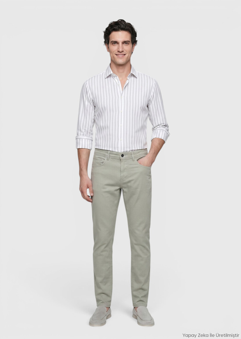 Haki Dokuma Slim Fit Casual Pamuk Karışımlı Pantolon 
