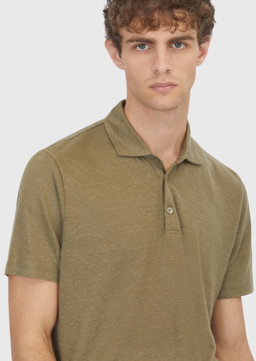 Haki Düz %100 Keten T-Shirt - 3