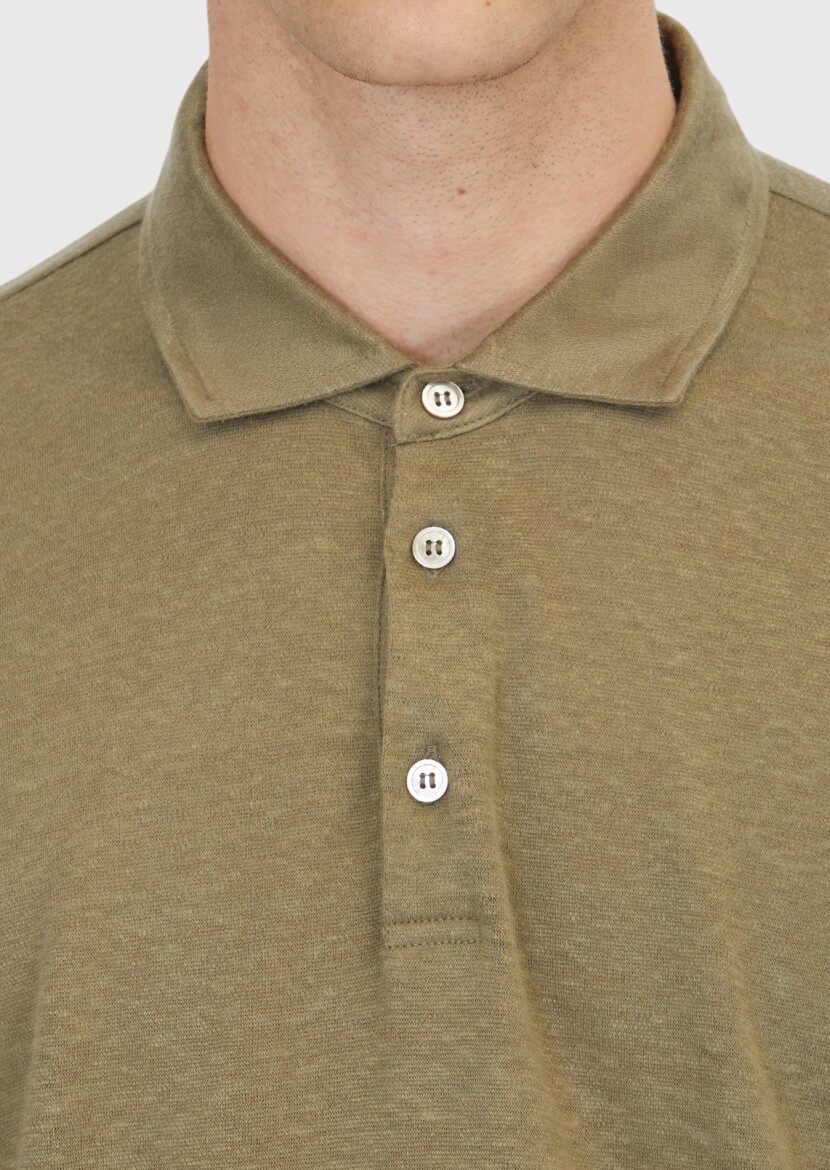Haki Düz %100 Keten T-Shirt - 4