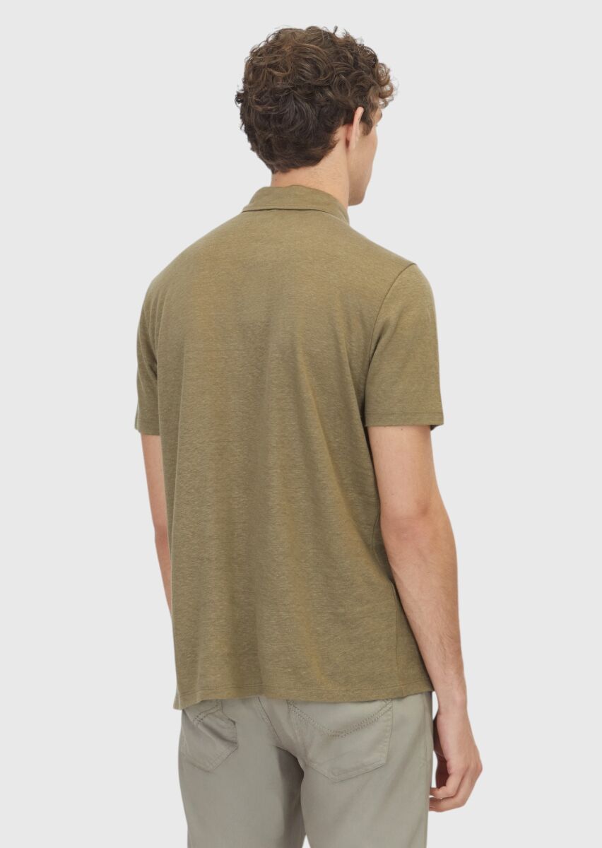 Haki Düz %100 Keten T-Shirt - 5