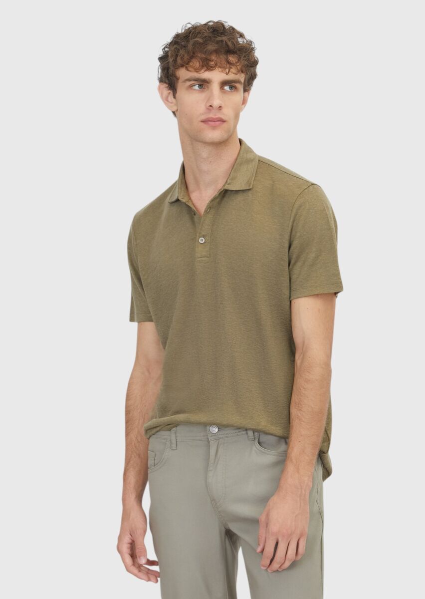 Haki Düz %100 Keten T-Shirt - 1