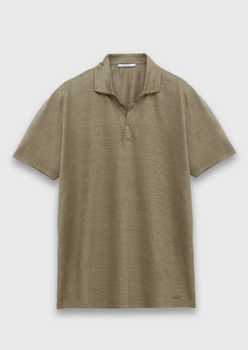 Haki Düz %100 Keten T-Shirt - 6