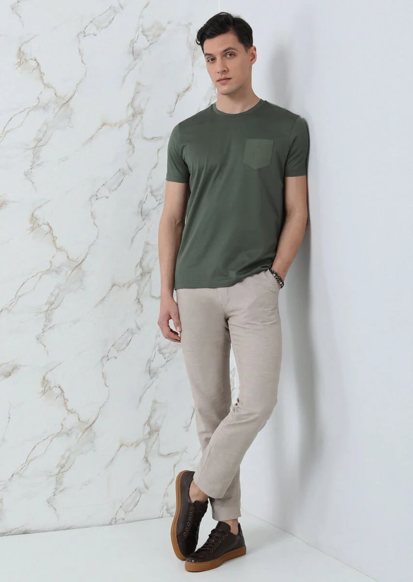 Haki Düz %100 Pamuk T-Shirt - 1