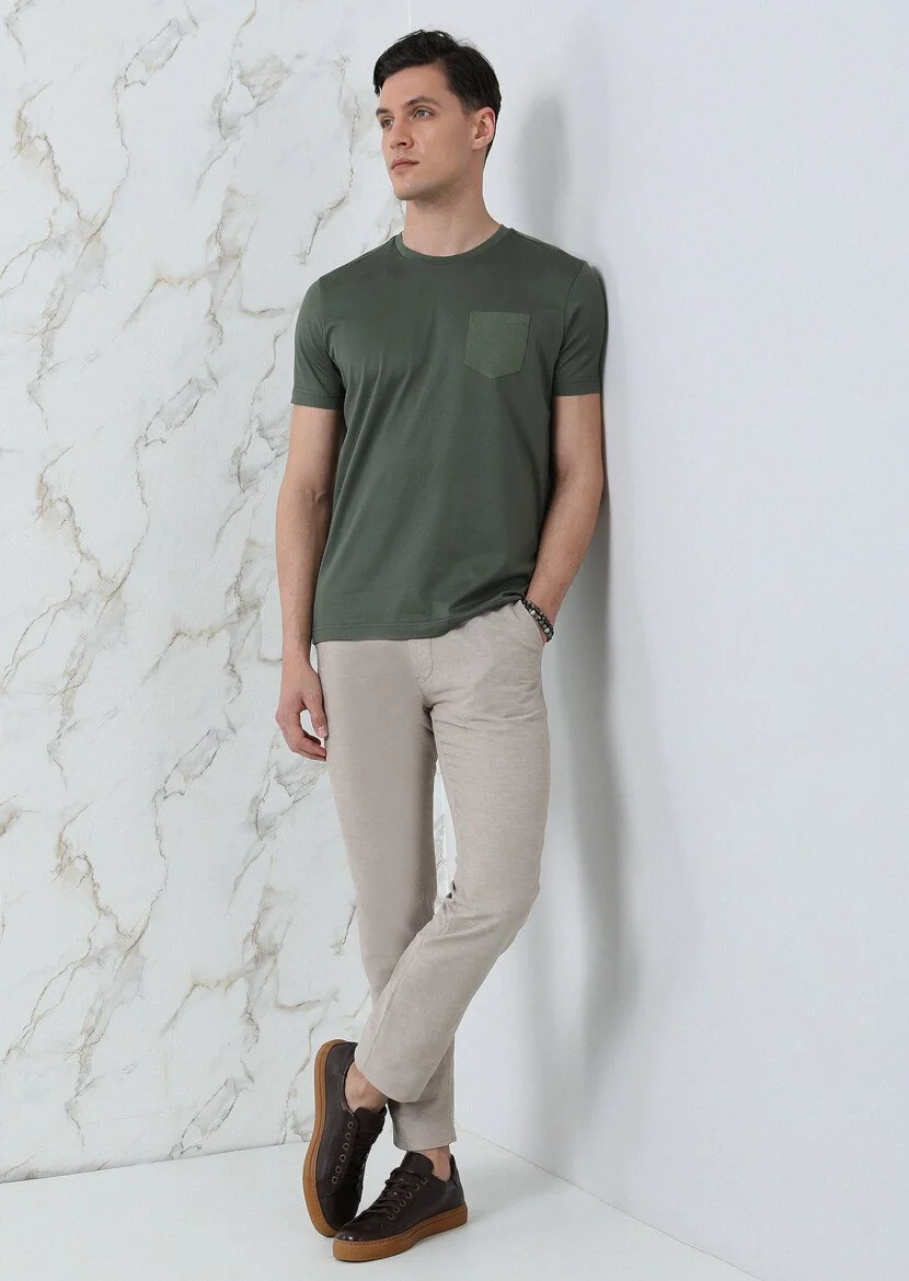 Haki Düz %100 Pamuk T-Shirt - 3