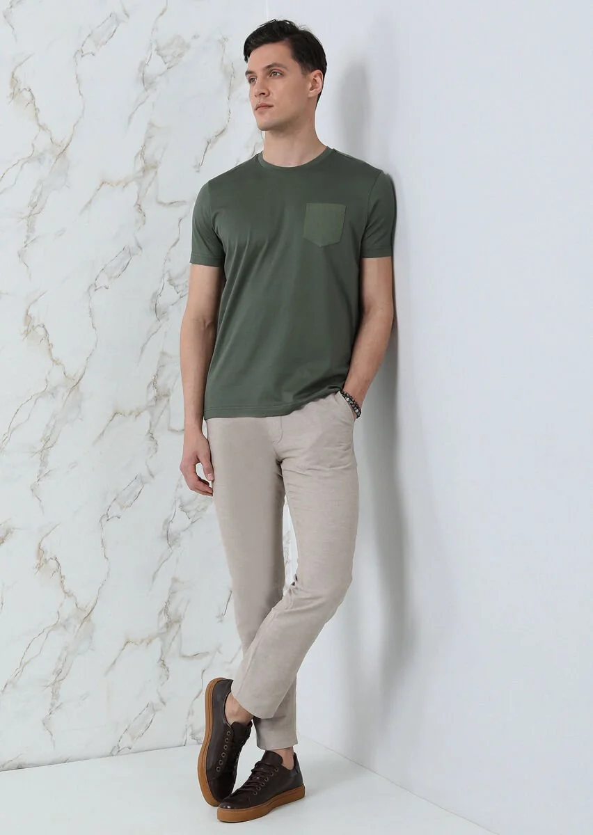Haki Düz %100 Pamuk T-Shirt - 3