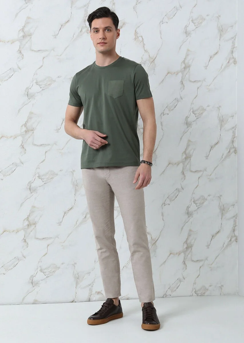 Haki Düz %100 Pamuk T-Shirt - 4