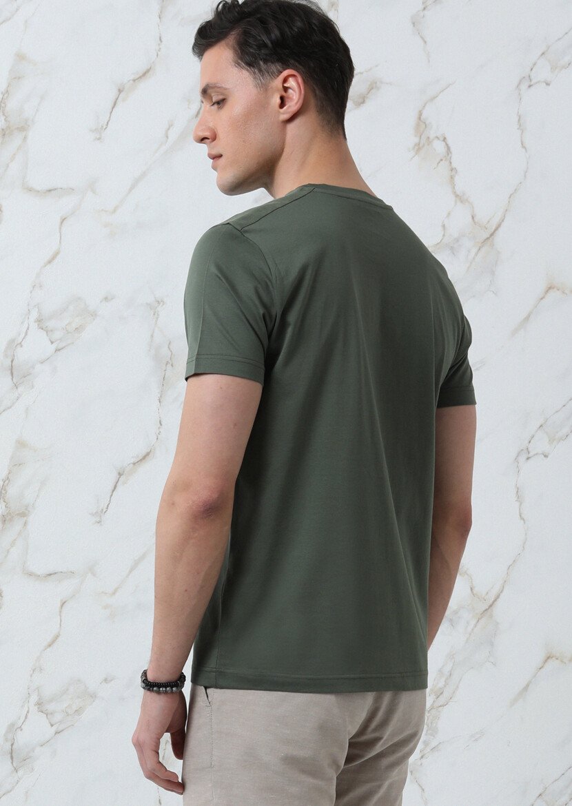 Haki Düz %100 Pamuk T-Shirt - 5