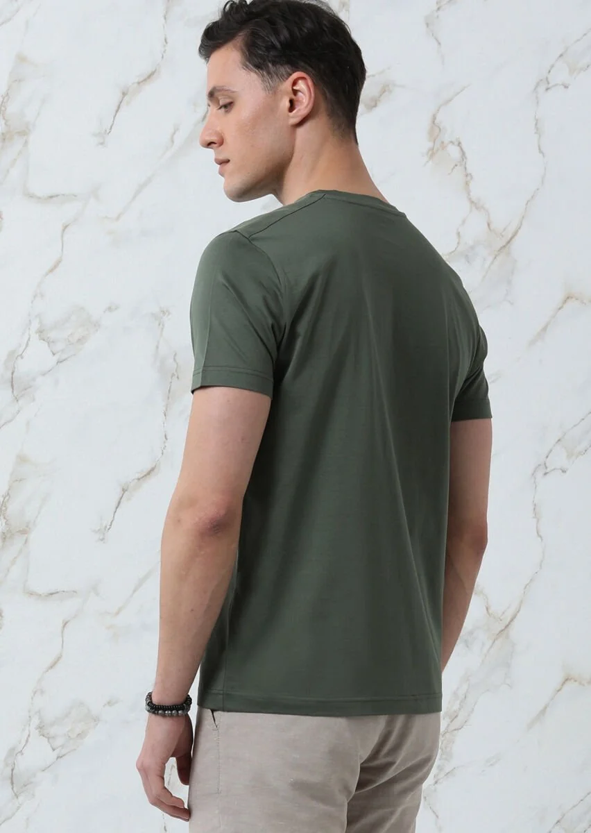 Haki Düz %100 Pamuk T-Shirt - 5
