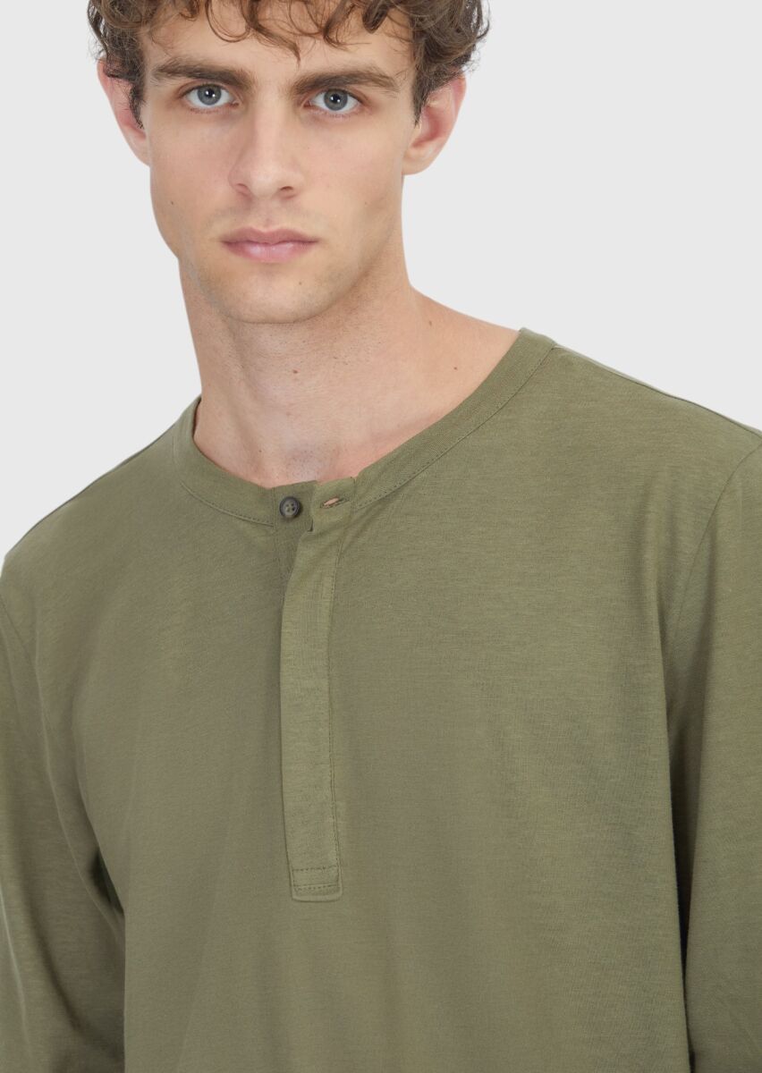 Haki Düz %100 Pamuk T-Shirt - 3