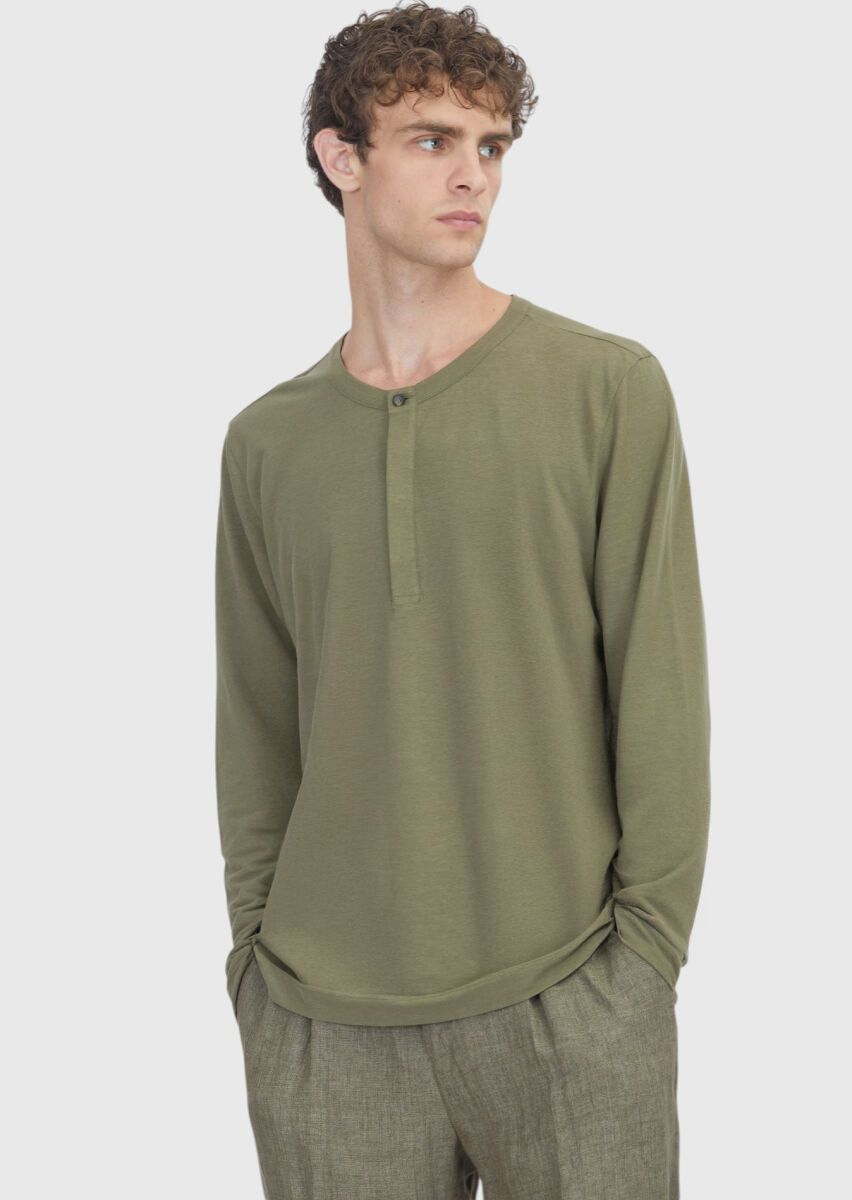 Haki Düz %100 Pamuk T-Shirt - 1