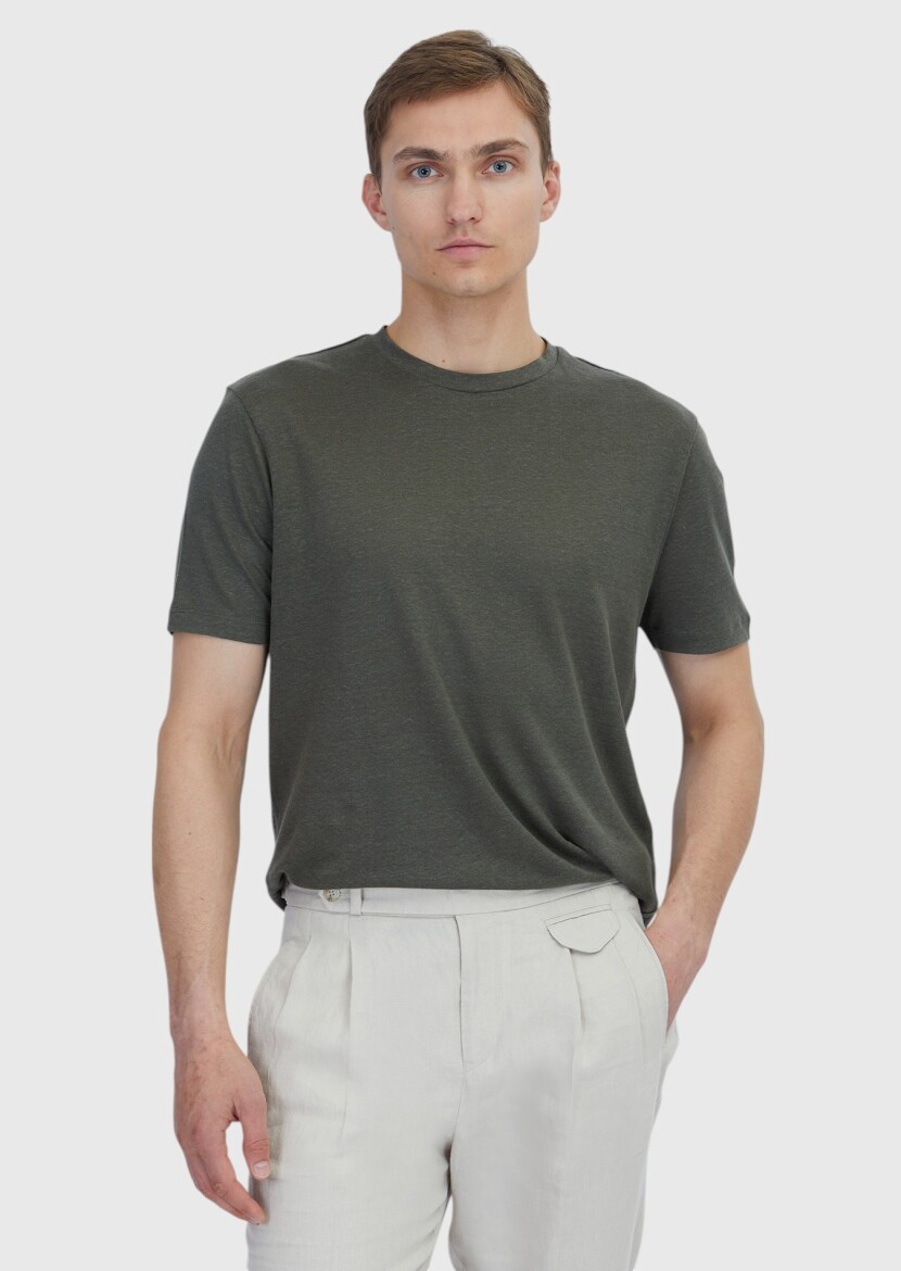 Haki Düz Bisiklet Yaka %100 Keten T-Shirt - RAMSEY