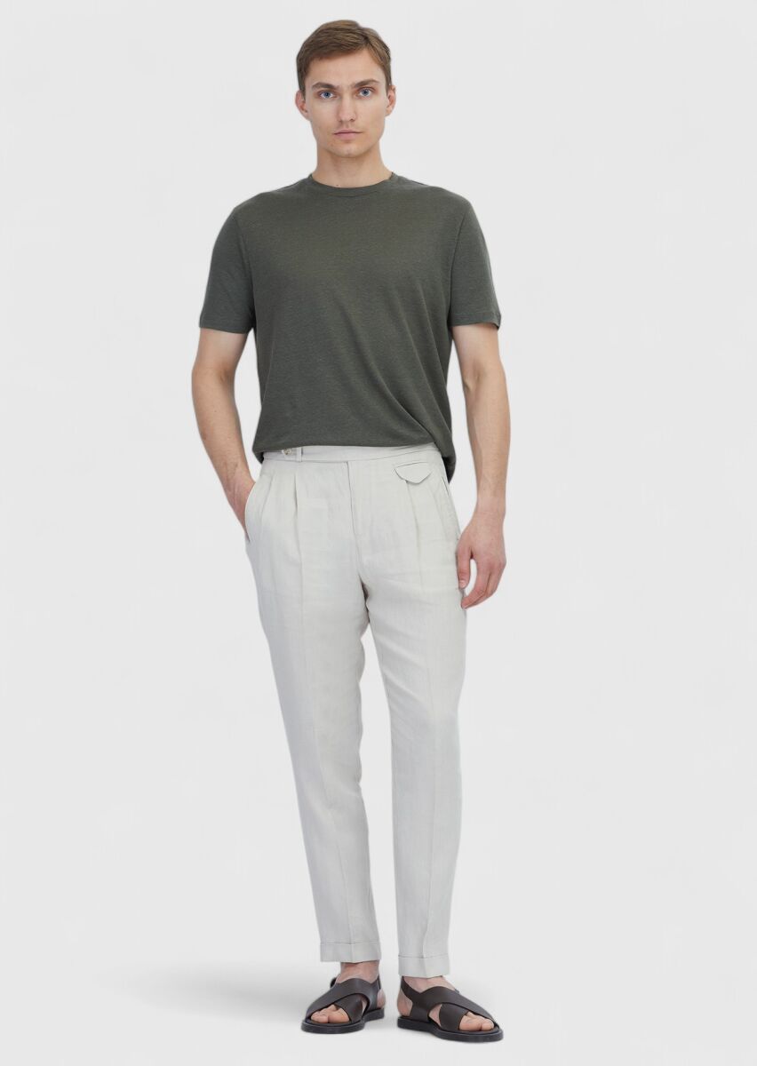 Haki Düz Bisiklet Yaka %100 Keten T-Shirt - 2