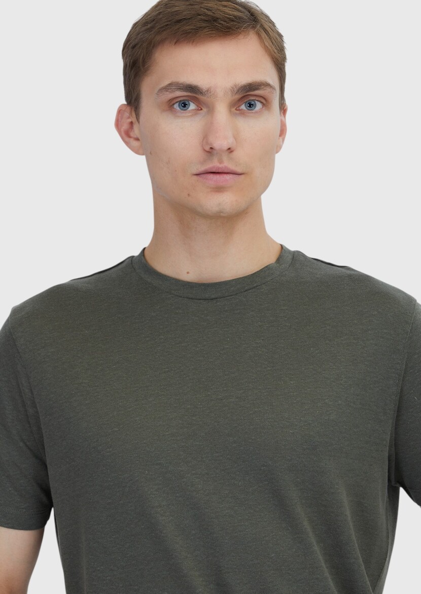 Haki Düz Bisiklet Yaka %100 Keten T-Shirt - 3