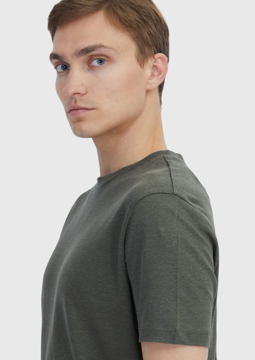 Haki Düz Bisiklet Yaka %100 Keten T-Shirt - 4