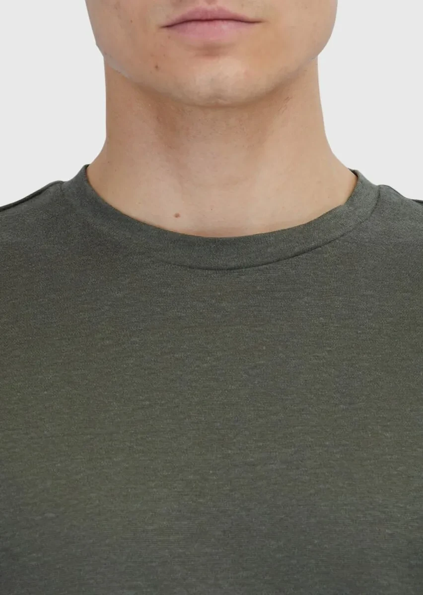 Haki Düz Bisiklet Yaka %100 Keten T-Shirt - 5