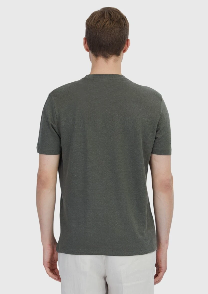 Haki Düz Bisiklet Yaka %100 Keten T-Shirt - 6