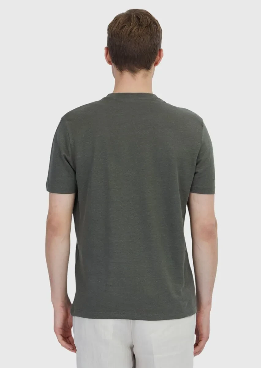 Haki Düz Bisiklet Yaka %100 Keten T-Shirt - 6
