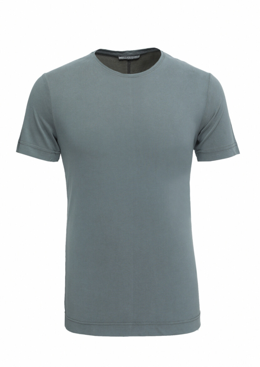 Haki Düz Bisiklet Yaka %100 Pamuk T-Shirt - 1